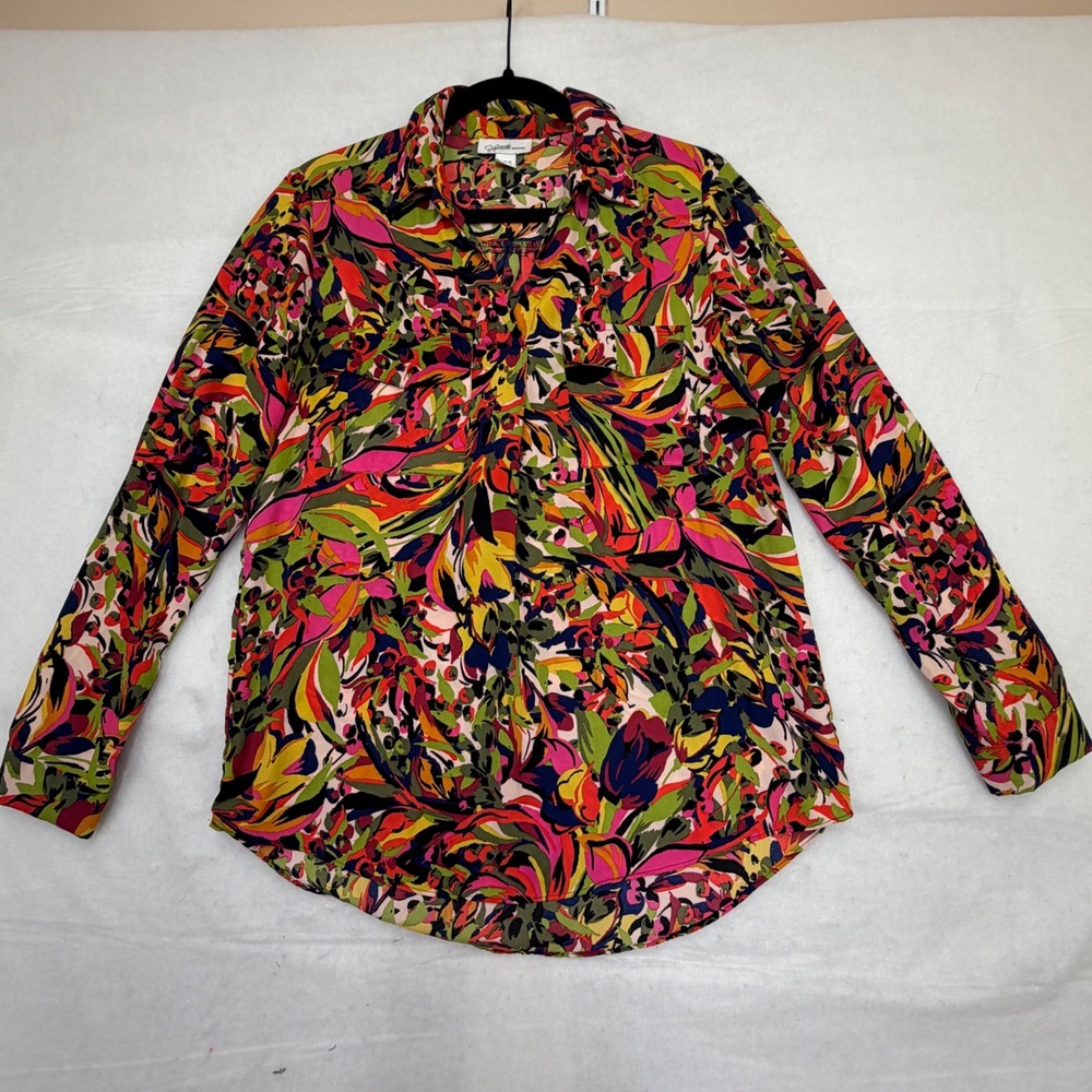 Jaclyn Smith Collection Women Medium Abstract Floral Button Down Shirt Multi Coo